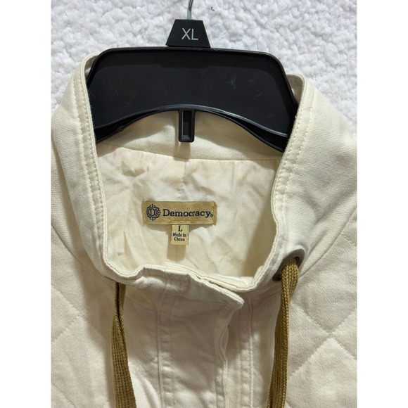 Democracy Quilted Cream Utility Jacket Size L Drawstring Collar Zip Front - Picture 2 of 7